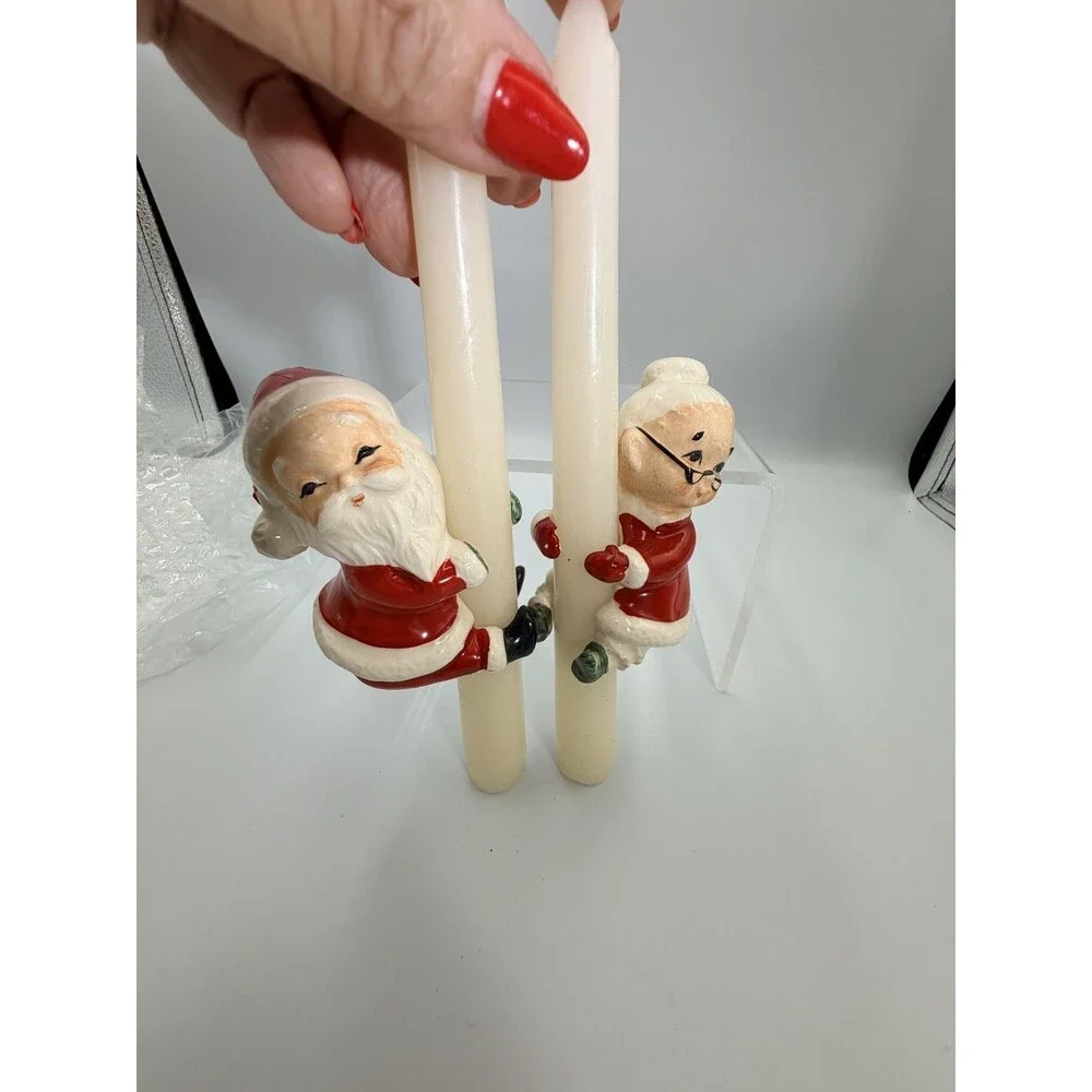 Vintage MCM JAPAN Santa & Mrs Claus Ceramic Candle Hugger Figurines Christmas